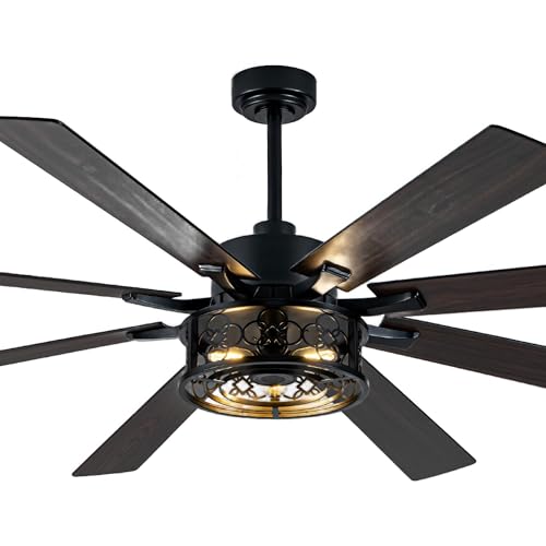 Image of Rustic Ceiling Fan with Lights and Remote, Large Farmhouse Ceiling Fan Caged Fandelier Chandelier, Reversible Quiet DC Motor 6 Speeds for Living Room Indoor Outdoor (Black Cage, 72 Inch)