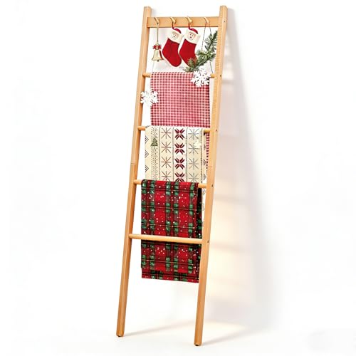 Yaochuforest Beech Wood Blanket Ladder, 5.3ft Natural Farmhouse Quilt Holder with Top Hooks, 4-Bar Decorative Throw Rack, Towel Shelf for Living Room, Bedroom, Small Space Storage (Natural)