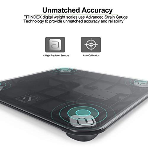 FITINDEX Smart Digital Body Weight Scale, BMI Bathroom Scale with Smartphone App, Step-on Technology, Sturdy Tempered Glass