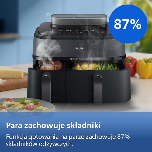 Philips Ovi Dual Basket z parą - Wyjątkowe funkcje gotowania Steamfry, Gotowania na parze, Airfry - 19 sposobów gotowania; pojemność 9L (3L + 6L), RapidAir Plus, automatyczne SteamClean (NA550/00)