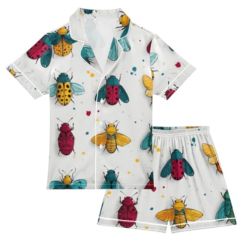 Satin Pajama Sets Short Sleeve Colorful Bugs Pattern Design Button Down Silky Nightwear 2 Piece PJS 5-14Y