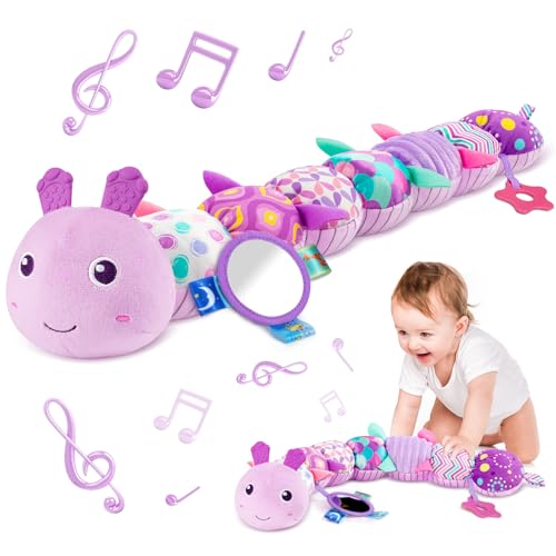 Image of Sumobaby Infant Baby Musical Stuffed Animal Activity Soft Toys with Multi-Sensory Crinkle, Rattle and Textures, for Tummy Time 0-3-6-12 Months Girls, Caterpillar, Purple with Mirrow