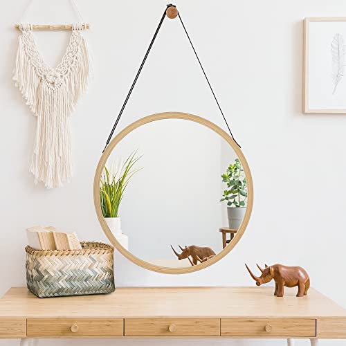 [en.casa] Espejo de Pared Redondo con Correa Decoración de Baño Pasillo Salón Dormitorio Colgante 60 x Ø 38 cm Bambú Natural