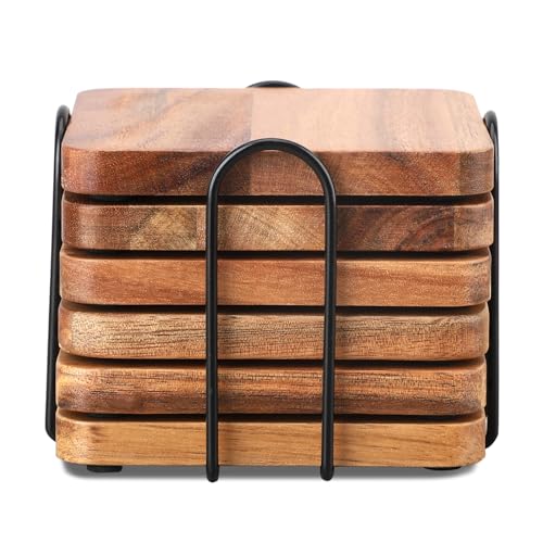 WLWNWFT Untersetzer Gläser Holz 6er Set, Untersetzer aus Akazienholz mit Halter, Glasuntersetzer Holz eckig, Holzuntersetzer für Getränke, Bar, Tassen, Glas, Getränkeuntersetzer