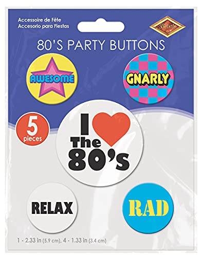 Beistle 5 Piece I Love The 80’s Party Buttons 1980's Theme Gnarly Rad Retro Wearable Accessories
