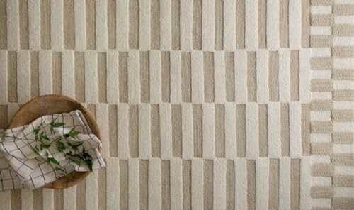 Image of Modern (High Low Pile) Pattern Wool Carpet with Loop Texture Yarn Anti Shedding Carpet Size 5x8 Feet B0 Beige Ivory Color