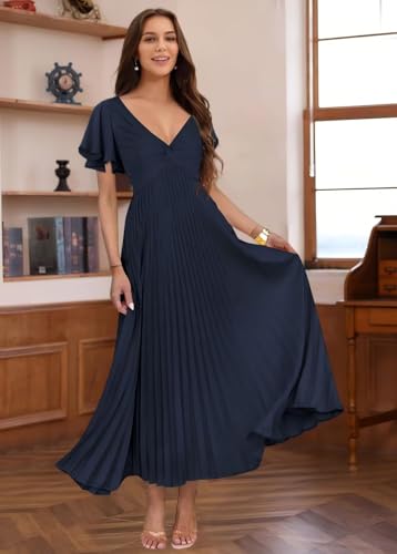 Miao Duo Women's Pleated Silk Satin Wedding Guest Dresses Elegant Short Sleeves Maxi Formal Dresses YZTS2894