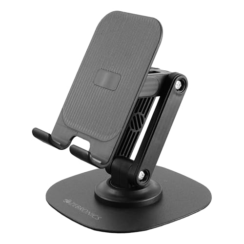Image of ZEBRONICS MTS200, Foldable Mobile Holder, Upto 9.6 inches, 360 Rotatable, Stepless Multi Angle Adjustment, Anti-Skid Base & Resting pad, Lightweight & Handy, Compatible with Mobile & Tablet (Black)