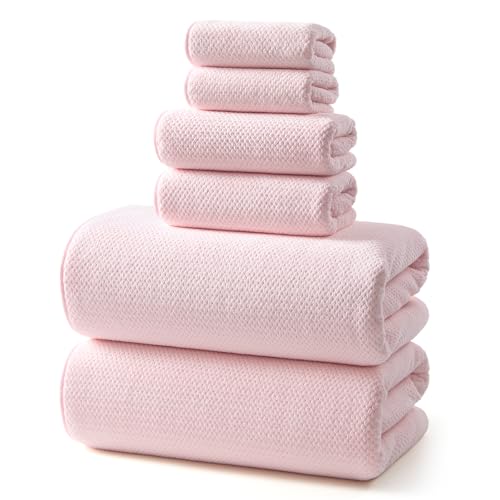 REDKISS 6 Piece Pink Towel Set Extra Large Microfiber Bathroom Towels Set 2 Bath 2 Hand 4 Washcloths Super Soft Highly Absorbent Quick Dry Pink Towels for Bathroom Gym Spa & Hotel