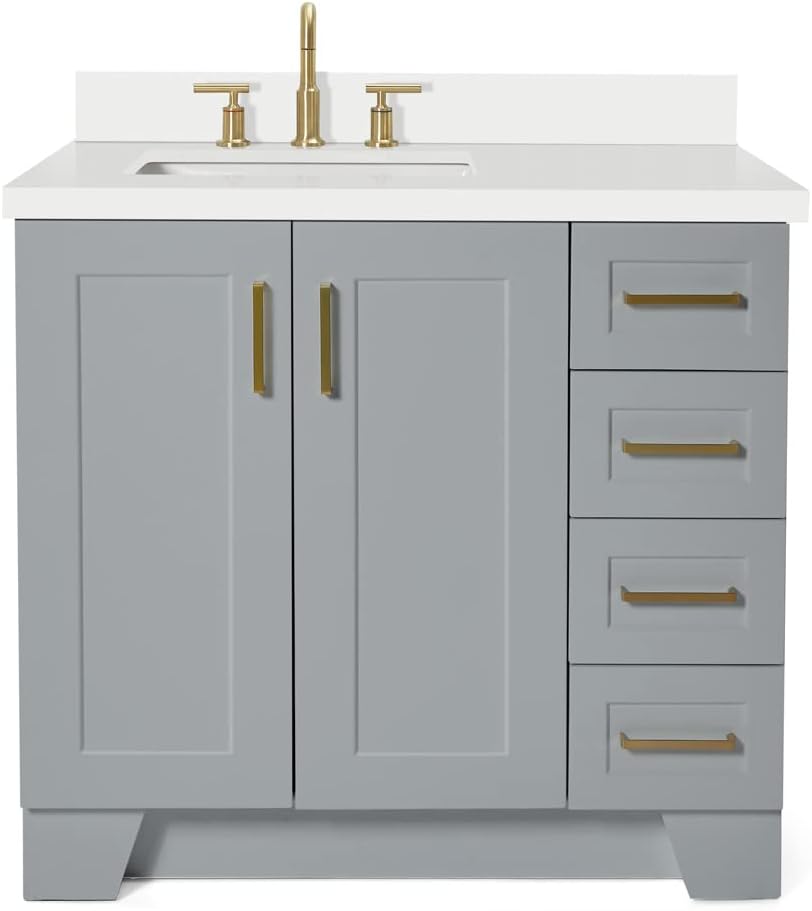 ARIEL Taylor 36-inch Bathroom Vanity with Sink,Solid Wood, 1.5-inch Pure White Quartz Countertop & Backsplash, Single Oval Porcelain Sink, 2 Soft Closing Doors, 5 Dovetail Drawers, Satin Brass, Grey