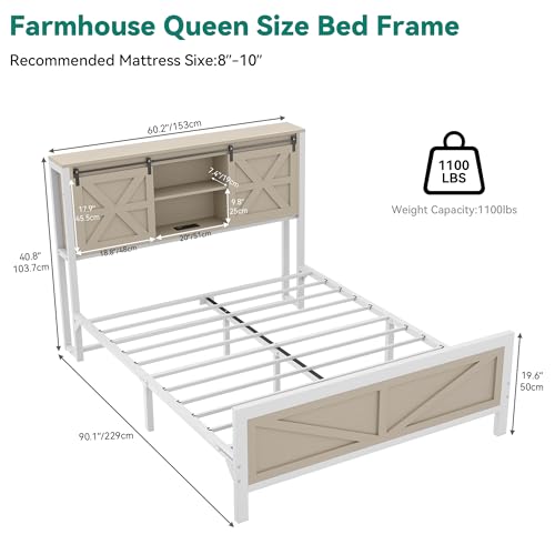 YITAHOME Farmhouse Queen Size Bed Frame with Headboard, Bookcase Storage Shelves, Sliding Barn Door, Charging Station, Rustic Wood Platform Bed, No Box Spring Needed, Oak