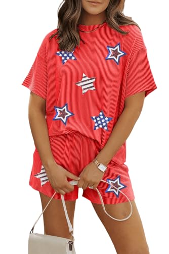Image of Womens Pajama Sets 2 Piece Pjs Sleepwear Soft Comfy Short Sleeve Tops and Shorts Lounge Set Loungewear Outfit