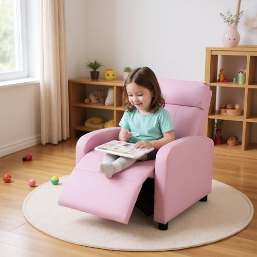 Image of Costzon Kids Recliner, Adjustable PU Leather Lounge Chair w /Side Pockets, Footrest, Headrest for Kids Room&Play Room, Easy to Clean, Padded Pink Recliner Sofa for Children Boys Girls Aged 3-12 (Pink)