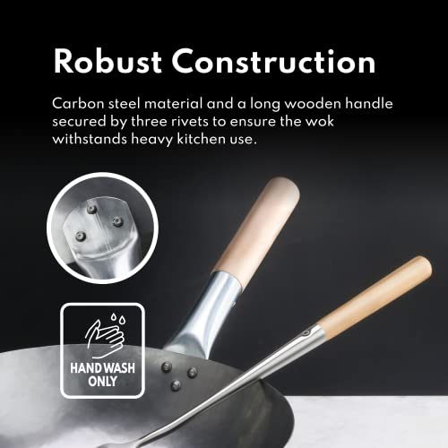 New-Star-Foodservice-1028720-Carbon-Steel-Pow-Wok-Set-with-Wood-and-Steel-Helper-Handle-Hand-Hammered-Includes-14-Round-Bottom-Wok-Wok-RackRing-and-Spatula-Hand-Wash-Recomended