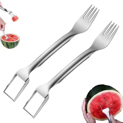 Tagliafrutta E Forchetta 2 in 1, Forchetta Portatile a Doppia Testa, Tagliaanguria in Acciaio Inox, Affettatrice per Melone, Strumento per Affettare Rapidamente, Ideale per(2pcs)
