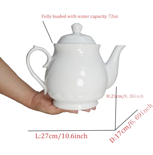 Image of White Porcelain Teapot, 2L Large Tea Pot Coffee Tea Water Pot Vintage Lotus Ceramic Gooseneck Kettle (72oz)