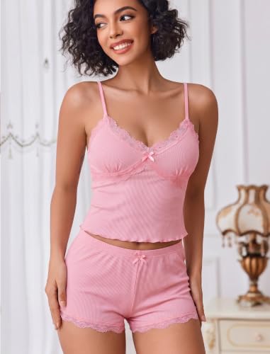 Image of Avidlove Women's Soft Ribbed Knit Cami Pajama Set Sexy V Neck Lace Trim Sleepwear Side Slit Shorts Lingerie Nightwear