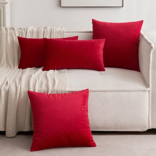 Image of MIULEE Pack of 2 Velvet Pillow Covers Decorative Square Pillowcase Soft Solid Cushion Case for Sofa Bedroom Car 22 x 22 Inch Red