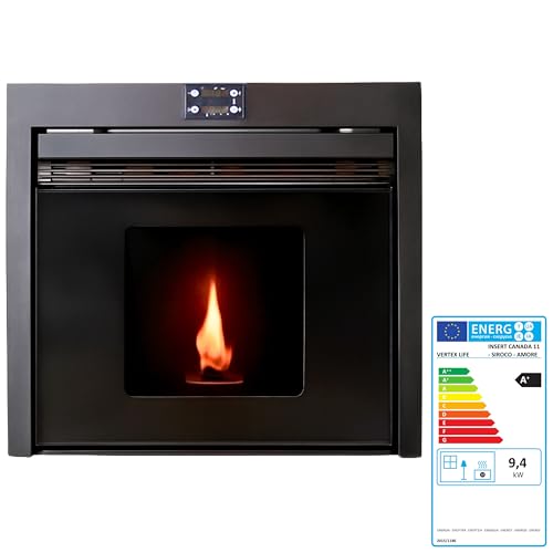 EIDER BIOMASA Insertable de Pellets CANADÁ 11 – 10,9 kW – Tolva 13 kg – Hasta 200 m³ – Cámara Refractaria – Cristal Limpio – Programable – Clase Energética A+ – Acabado Negro