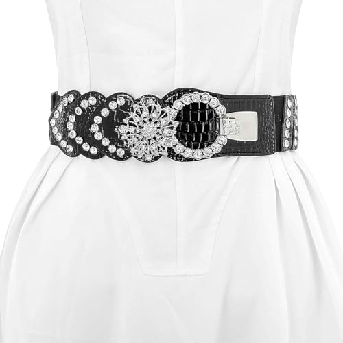 Women's Rhinestone Belt, Genuine Leather Black Crystal Stretchy Retro Wide Waist Cinch Belt for Dress3