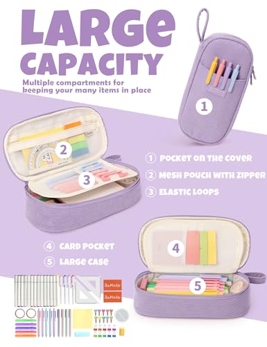 Image of SUNEE Cute Pencil Case, Large Pencil Pouch, Soft Corduroy Fabric Big Pencil Bag with Zipper, Kawaii Pen Bag Stationery Storage and Organizer, School Supplies for Teen, Student, Boys,Girls, Soft Purple
