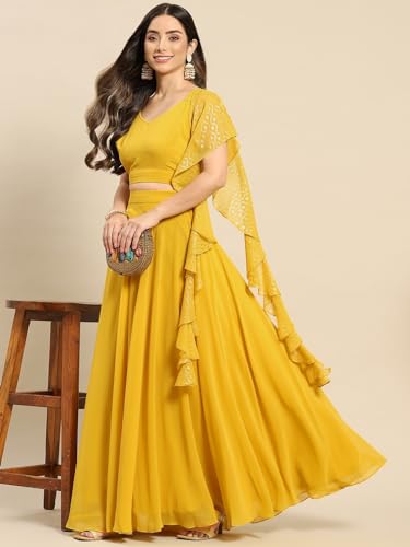 Image of TRENDMALLS Yellow Semi-Stitched Crop Top Lehenga Choli with Foil Print Dupatta For Women (L254-Yellow)