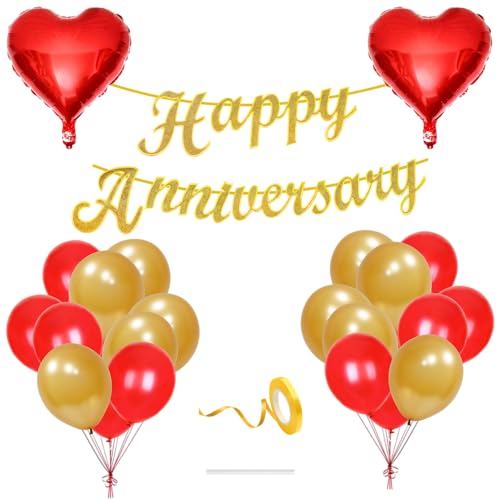 Image of Flyloons Happy Anniversary Decoration Items Red Gold for Men Women Husband Wife Mom Dad Parent Couple Home Bedroom Car With 20 Pcs Metallic Balloons Anniversary Banner 2 Pcs Heart Set Kit
