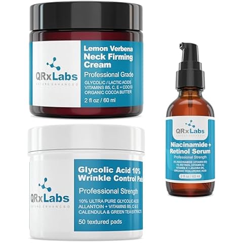 QRxLabs Anti-Aging Skincare Bundle: Glycolic Acid 10% Wrinkle Control Pads, Lemon Verbena Neck Firming Cream, and 5% Niacinamide + Retinol Serum – Anti-Wrinkle, Tightening, and Moisturizing Cover