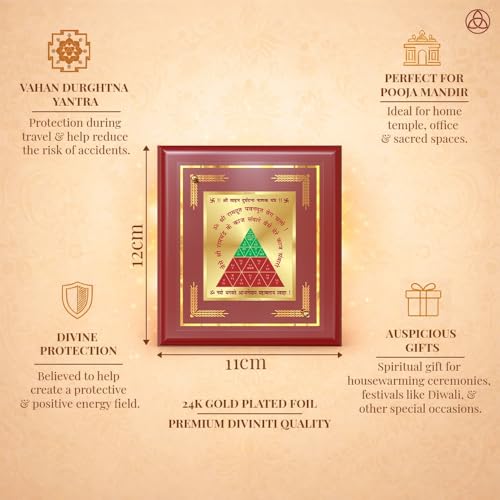 Image of DIVINITI Siddh Energised Vahan Durghatna Yantra | 24k Gold Plated Foil Travel Protection Vastu Frame for Home, Office & Puja Room | Spiritual Yantra for Safety, Protection & Peace of Mind (12 X 11 CM)