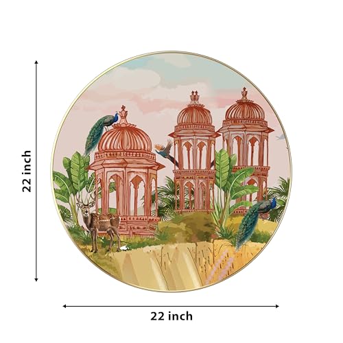 Image of PAINTINGMANTRA Mughal Garden With Peacock Round Large Wall Art Painting for Living Room Decoration, Circular Gold Metal Finish Stylish Large Wall Art Print for Wall Decor (22x22 Inches)