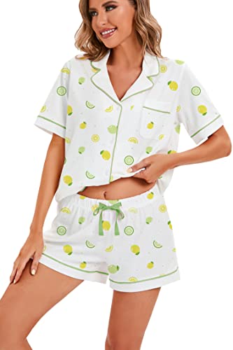 Image of LUBOT 100% Cotton Women's Pajamas Set PJ Set Button-Down Short Sleeve 2 Piece Set Printed Patterned Summer Night Suit Sleepwear Loungewear (Lemon, S)