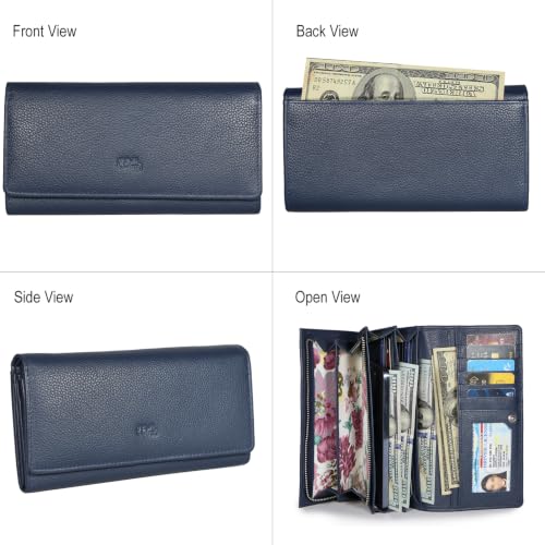 Image of Women's Top Grain Leather Wallet, RFID Blocking Bifold clutch, 17 Card Slots, Zip Pocket Organizer, Elegant Gift for Women - Birthday, Valentine, Anniversary - NAVY
