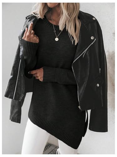 Image of GORGLITTER Women's Split Asymmetrical Hem Sweater Long Sleeve Crewneck Knit Pullover Tops Black Small