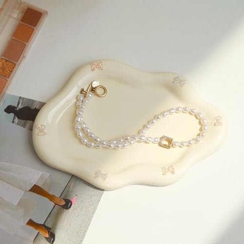 Image of Jewelry Dish Trinket Tray for Women, Ring Dish Holder, Unique Cloud Shape Ceramic Plate Cute Things Vanity Aesthetic Room Decor Mother's Day Birthday (Bow Cream)