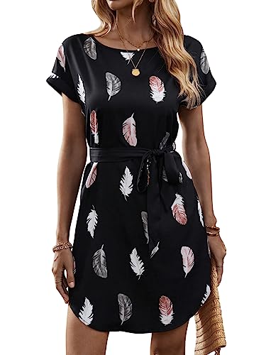 GORGLITTER Kleid Mit Gürtel Damen Elegant Tunika Kleid Sommer Kurzarm...