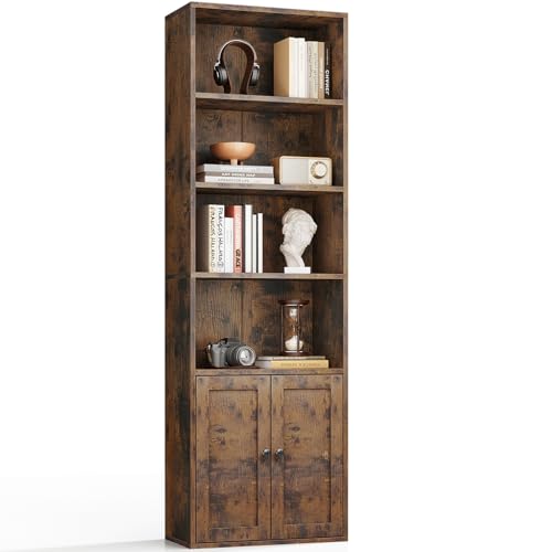 Coleshome Bücherregal mit 6 Ebenen, Regal mit Türen und Schrank, Standregal zur Aufbewahrung und Präsentation für Wohnzimmer, Büro, Schlafzimmer, Braun, 48 x 24 x 176.4