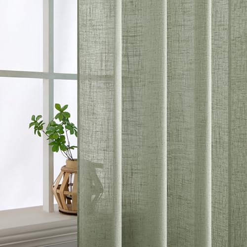 MIULEE Sage Linen Curtains 96 Inch Length 2 Panels for Bedroom Living Room,Green Soft Thick Linen Textured Window Drapes Semi Sheer Light Filtering Back Tab Rod Pocket Burlap Look Decor