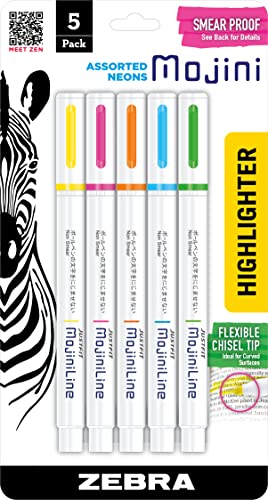 Zebra Pen, Mojini Highlighters, Assorted Neon Colors, Flexible Chisel Tip Ideal for Curved Surfaces and Hard-to-Reach Places, Smear Proof Over Gel & Ballpoint Inks, Made in Japan, 5-Pack (70205)