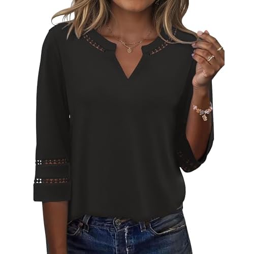 Ivicoer 3/4 Length Sleeve Womens Tops V Neck Lace Embroidered Summer Blouses Loose Fit Tunic Dressy Casual B-black Large