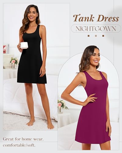 Image of 3 Pcs Women Sleepwear Sleeveless Tank Nightgown Women Racerback Sleep Dress Tank Sleepwear Chemise Nightdress(Medium,Black, Peacock Blue, Purple Red)