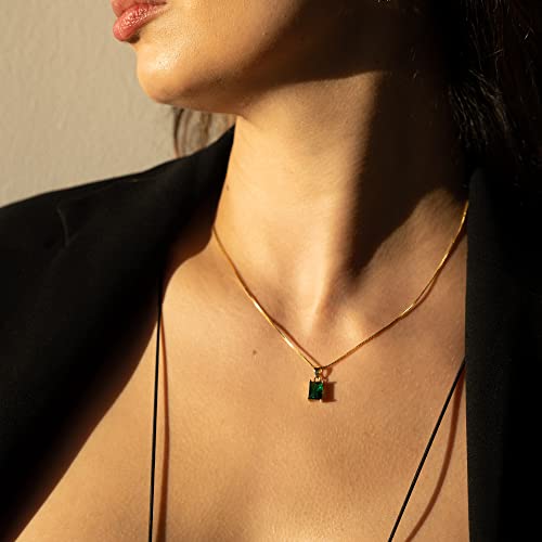 Baguette CZ Pendant Necklace | 14K Gold Plated Sterling Silver | Emerald Baguette Pendant Dainty Box Chain Necklace 18''2