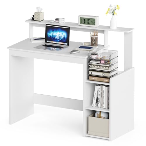 Mondeer Bureau Blanc avec Rangement, Bureau Ordinateur avec Réglable Étagères, pour Travail Étude Chambre Studio, 110 x 48 x 93 cm