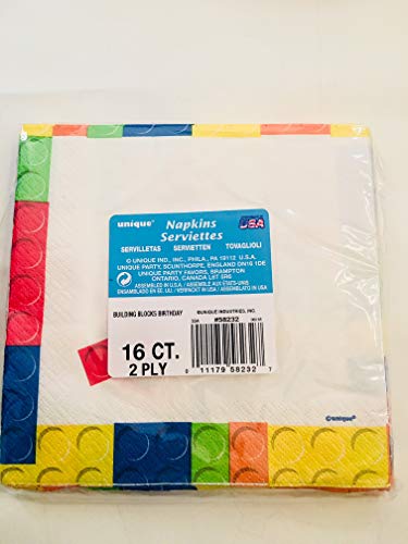 Image of Bold & Bright Building Blocks Birthday Beverage Napkins (Pack of 16) - Sturdy & Stylish Design - Perfect Party Essential for Lovers