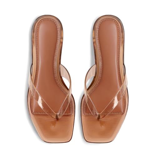 Image of Dsevht Kitten Heels for Women Jelly Square Open Toe Sandals Flip Flop Heel Summer Low Heeled Thong Sandals