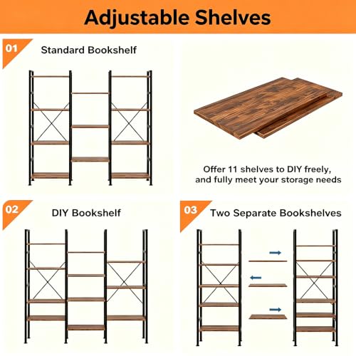 Image of HealSmart Triple Column 4 Tier Bookshelf, Industrial Bookcase with 11 Open Display Adjustable Shelves, Wide Convertible Display Modern Bookshelf for Living Room & Home Office, Brown