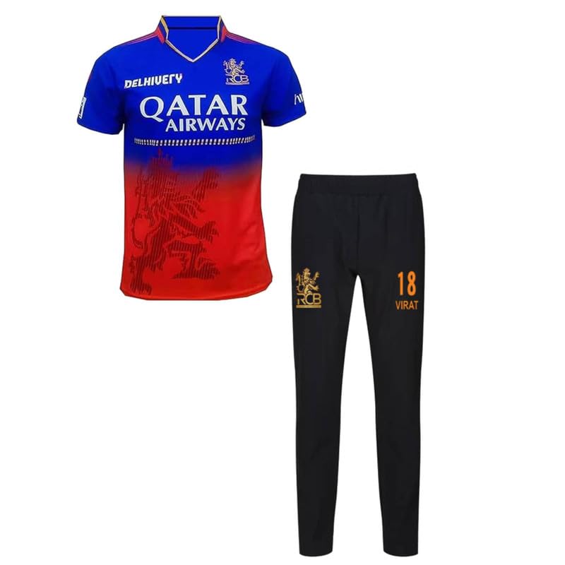 Image of Sports Virat Kohli 18 Jersey T-Shirt with Printed Logo Track Pants 2024 /25 (Boys,Men)