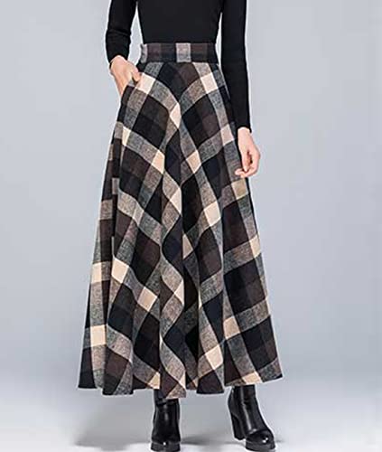 Femiserah Women's High Elastic Waist Long Maxi Woolen A Line Skirt Fall Winter Tartan Skirt2