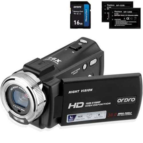 ORDRO Caméra Vidéo de Vision Nocturne Youtube Vlogging Camera Recorder FHD 1080P 15FPS 30MP 3,0 Pouces 270 Degrés de Rotation LCD Caméscope à Zoom...