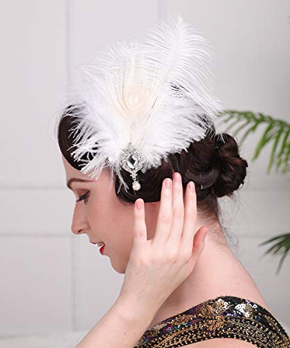 Aimimier 1920S Flapper White Feather Headpiece Crystal Pendant Hair Clip Roaring 20S Feather Accessories Masquerade Gatsby Hair Jewelry For Women And Girls #TOP2