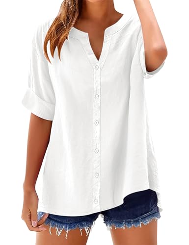 LOMON Womens 3/4 Sleeve Button Down Shirts Cotton Linen Roll Up Short Sleeve Tops V Neck Casual Loose Fit Blouses2